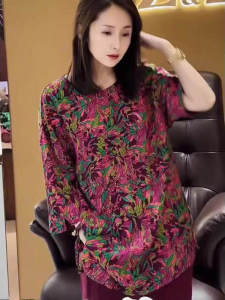 LIANGYILAILIN | Slimming Rose Red Floral Printed Womens Fashion Set 3/4 Sleeves Wide Leg Pants