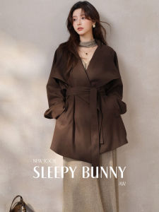 Vintage Brown Oversized Collar Windbreaker Slim Fit Coat Mid-Length