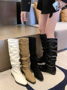 High-Tube Long Boots Womens Spring Autumn New Pointed Toe Thick Heel Slim High Tube Knight Boots Foldable PU Leather