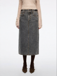 Vintage Leather Detailing Slit Straight Denim Skirt