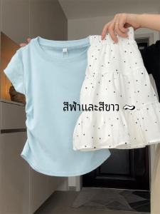 Áo Thun Nữ Tay Ngắn Ôm Vừa Vặn Màu Xanh Lam Thiết Kế Mới 2024 Áo Thun Cổ Tròn Dáng Rộng Mùa Hè Cho Nữ