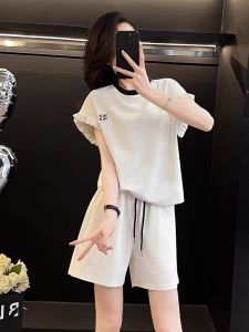 Bộ Đồ Thể Thao Thường Ngày Màu Trắng Cỡ Nhỏ Cho Nữ Bộ Đồ Hai Mảnh Tay Ngắn Quần Short Cạp Cao Giảm Béo Trẻ Trung Mùa Hè