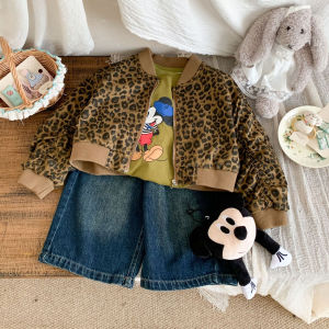 เสื้อแจ็คเก็ตลายเสือดาวสไตล์เกาหลีสำหรับเด็กผู้หญิง เสื้อคาร์ดิแกนแขนยาวทรงหลวม เสื้อผ้าเด็กผู้หญิงฤดูใบไม้ผลิและฤดูใบไม้ร่วง