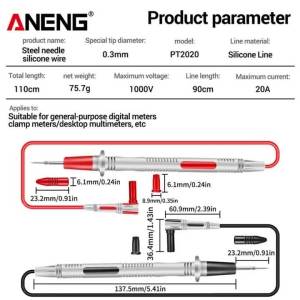 ANENG | ANENG PT2020 Đồng Hồ Vạn Năng Đa Năng Dây Dẫn Thử Nghiệm Silicon Chất Lượng Cao 1000V 20A Với Dây Kim Thép Công Cụ Đo Lường Thợ Điện