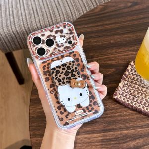 Sanrio | Fashion Sweet Leopard Print 3D Bow Hello Kitty Cat Cartoon Bracket Case For iphone 17 16 15 Pro Max Lens Protective Phone Cover