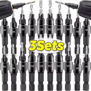 Feelife 3Sets Woodworking Countersink Drill Bit Screws Drill Bits Hole Opener Set Cone Hardware Tool with Wrench Replaceable Drill Bit