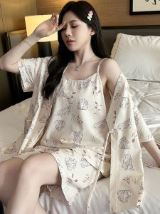 ผู้หญิง ฤดูร้อน แขนสั้นบาง กิโมโน ชุดราตรีสามชิ้น น่ารัก การ์ตูน กระต่าย เซ็กซี่ สายคล้อง เสื้อผ้าบ้าน ฤดูร้อน