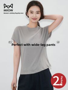 Miiow | Cat Person Round Neck Short Sleeve Womens Summer New Gray Linen Cotton T-Shirt Loose Slimming Shoulder Level Top