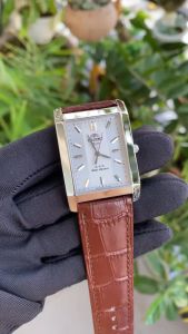 Đồng hồ nam ANBSHOP orient mặt chữ nhật vỏ trắng - dây da màu nâu sang trọng - size 30x34mm