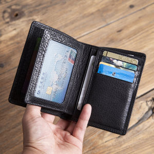 Mens Genuine Leather Wallet Vertical Three-Fold Top Layer Cowhide Short Multi-Card Large Capacity Driver License Integrated