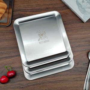 Square Stainless Steel 316L Dessert Plate Coffee Serving Tray Castle Design Flatware Dish American Style Matte Finish Plant Pattern