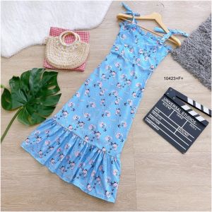 👗🌸 FF10423   Dress เดรสยาว ผ้าไหมอิตาลี่ พิมดอกไม้ ดีเทลไหล่ผูกโบว์ มีซิปหลัง ชายเดรสแต่งระบายรอบๆ🧡💛