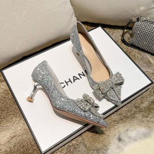 French Rhinestone Bows Silver Wedding Shoes Bridal Shoes Xiuhe Wedding Dress Two-Way Crystal High Heel Womens Low Heel 3cm