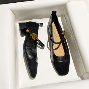รองเท้าส้นสูงหนังนิ่มสีดำ ทรง Mary Janes สำหรับผู้หญิง สายรัดข้างเดี่ยว ทรงหัวเหลี่ยม พื้นยาง กันลื่น รองเท้าส้นสูงสำหรับใส่ไปทำงาน