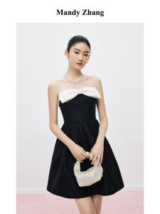 Mandyzhang Princess Style Butterfly Knot Strapless Dress French Ball Gown Light Evening Gown High Waist A-Line Skirt Short Dress