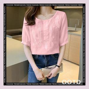 เสื้อผู้หญิงลายปักแฮนด์เมด ผ้าฝาลินินระบายอากาศชั้นดี แขน3ส่วนสไตล์มินิมอล ใหม่ล่าสุดหน้าร้อน