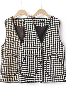 Áo Vest Kẻ Caro Không Tay Hai Nút Cỡ Lớn Dành Cho Nữ Áo Khoác Ngoài Mùa Xuân Thường Ngày Cổ Chữ V Dài Vừa Phải