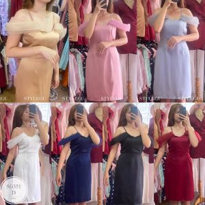 SG351  เดรสปาดไหล่ ใส่ออกงาน ทรงสวยผ้าแก้วบัพเบิ้ล งานซิปหลัง   ผ้า: ผ้าซาร่าเงา