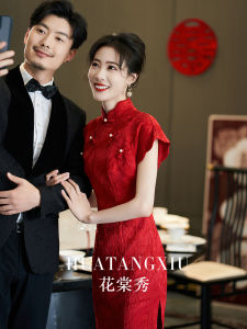 Red Cheongsam Engagement Dress Wedding Gown Womens New 2025 Chinese Style Custom-Made Bridal Dress Summer Short Sleeve
