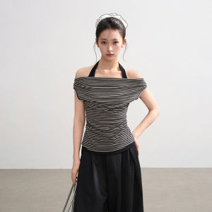 BAIDAIFEI | Blue Striped Off-Shoulder T-Shirt Waisted Illusion Two-Piece