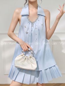 PlumJan | Summer New Style Necklace Dress Pearl Decorated Ruffled Hem