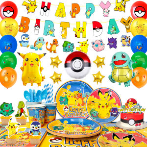 136 Pcs Pokemon Party Supplies-Pikachu Birthday Party Banner Balloons Plates Napkins etc Pokemon Birthday Party Decorations