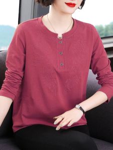 เสื้อยืดแขนยาวผู้หญิง ทรงหลวม ผ้าฝ้ายแท้ ฤดูใบไม้ผลิและฤดูใบไม้ร่วง เสื้อชั้นในแฟชั่นสำหรับคุณแม่ อายุ 40-49 ปี