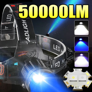500000LM High Power LED Headlamp Blue and White Light Fishing Head Flashlight Waterproof Front Head LED Light Use 18650 battery