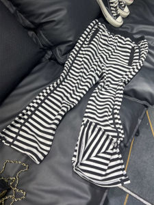 กางเกงขายาวทรงตรงเอวสูงสำหรับผู้หญิง ทรงขากระบอกเล็ก ลายทาง ด้านข้าง ทรงสลิมฟิต ทรงเก๋ไก๋สำหรับฤดูร้อน