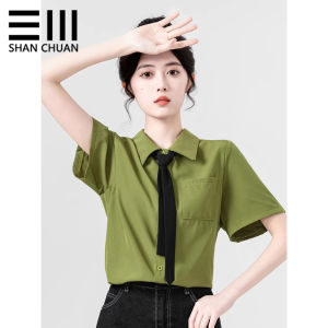 สีเขียว อะโวคาโด ฤดูร้อน บาง ผ้าชีฟอง ไม่สม่ําเสมอ ชายเสื้อ ผู้หญิง ชุดกึ่งทางการ เสื้อเชิ้ตแขนสั้นสไตล์ Drapey Office Commute เสื้อท่อนบน