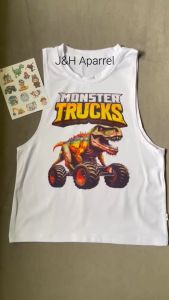 Kids MUSCLE TEE for Boys in MONSTER TRUCK TREX THEME DESIGN for 1 to 12 years old