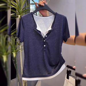 BINKAFENNY | Plus Size Summer T-Shirt Womens Loose Fit Color Block Short Sleeve Top Beautiful Design Korean Style Casual Wear V Neck