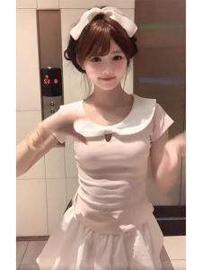 เสื้อยืดคอกลมแขนสั้นผ้าฝ้ายผสมสไตล์ฝรั่งเศสสำหรับผู้หญิงในช่วงฤดูร้อน ดีไซน์เก๋ไก๋ สไตล์หวาน ดีไซน์ไม่ซ้ำใคร ดีไซน์เก๋ไก๋