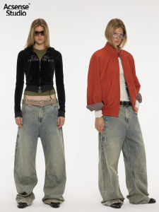 Washed Jeans Arcuate Lines Straight Leg Jeans Multiple Rust Color Vintage Daily Cotton Low Waist Zipper Fly Casual Jeans