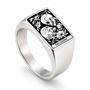 Stainless Steel Tarot Card Signet Ring Skull The Lovers Grim Reaper Gothic Ring Halloween Jewelry For Men Women