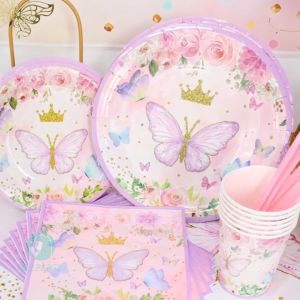 Pink Butterfly Tableware Disposable Tablecloth Cups Plates for Kids Girls Birthday Party Decorations