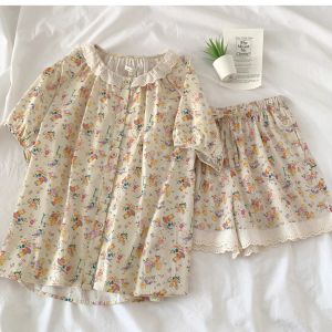 Sweet Floral Print Sleepwear Set Womens Summer New Style Short Sleeve Shorts Home Clothes Comfortable Breathable Lightweight