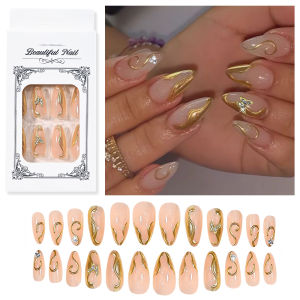 24Pcs Golden Swirl Nude Press On Nails Medium Almond Full Cover Fake Nail with 3D Butterfly Rhinestone Decor False Fingertips td