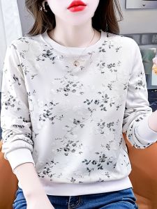 Fashionable Full Print Floral round Neck Sweatshirt Womens Autumn New Long Sleeve Loose Slimming Versatile White Top