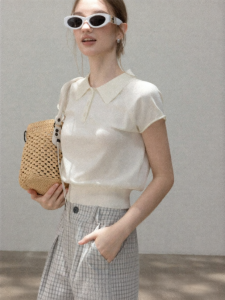 Cantonstory | Elegant Slimming White Short Sleeve Polo Knitwear