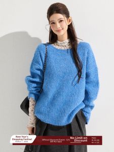 THROUS | Áo Sweater Form Rộng Cổ Tròn Màu Xanh Nile