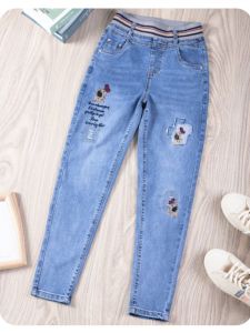 High Waist Harajuku Style Embroidered Ripped Denim Jeans Womens Elastic Waist Spring Summer New Arrival Petite Dad Pants