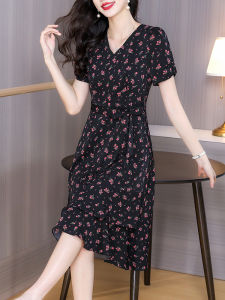 DAIXIANGFEIZI | Đầm Chiffon Hoa Văn Dây Đai eo Không Tay Sang Trọng Mid-Length