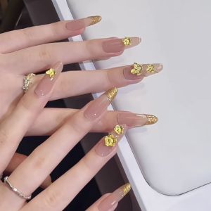Golden Handmade Wear Nail French Golden Classy Nail Nude Color Prolate Ellipse Elegant Wedding Nail Detachable