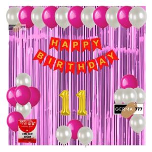 Paket Set Dekorasi Ulang Tahun / Banner Happy Birthday Merah Balon Putih Mix Tirai Pink Muda