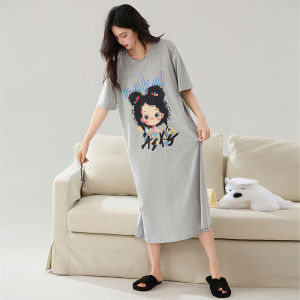 Miiow | Pure Cotton Womens Sleep Dress Short Sleeve Mid-Length Home Clothes Anti-Bacterial Summer Sweet Style Youth Friendly MiiOW