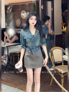 High Waist Denim Shirt Long Sleeve Turn-down Collar Womens plus Size Fashion Set with Bodycon Mini Skirt Retro Hong Kong Style