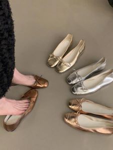 Silver Butterfly Knot Flat Bottom Slip-On Womens Shoes Soft Sole Low Heel round Toe Casual Fashion Single Shoes for Summer