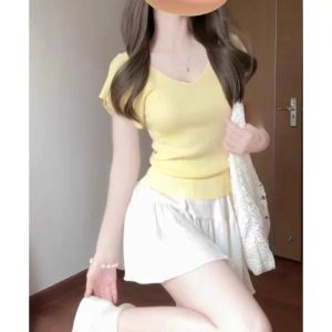 PEIXI | Sister Style Blue V-Neck Knit Short Sleeve T-Shirt