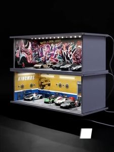 1:64 Car Garage Model Parking Diorama with Illuminated Showcase Maintenance Workshop Display Model for Toy Cars